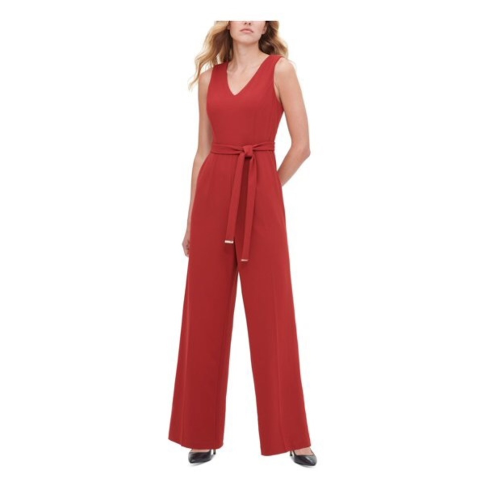 NWT TOMMY HILFIGER Womens Red Sleeveless V Neck Evening Jumpsuit - Picture 1 of 4